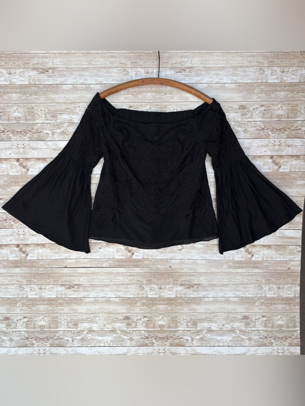 INTERMIX Aaron Off Shoulder Embroidered Silk Blend Bell Sleeve Top